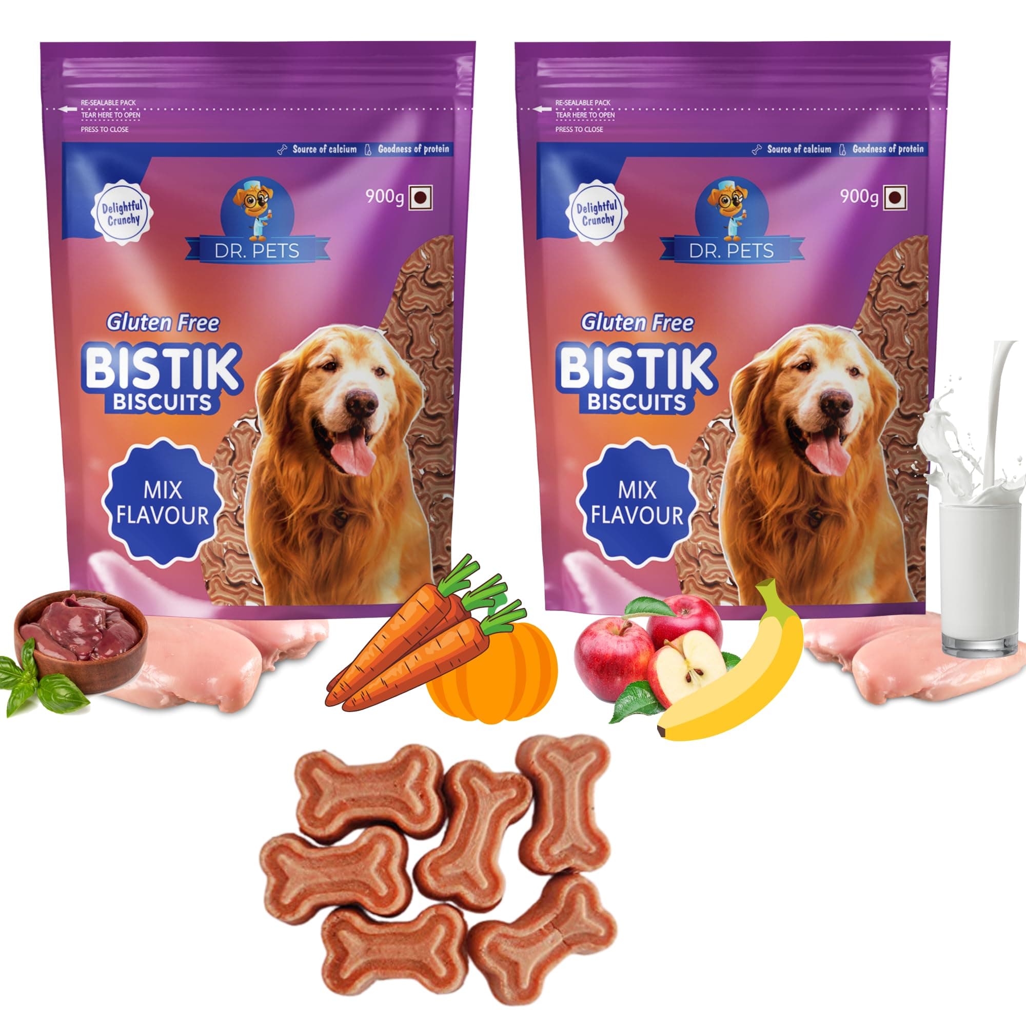 Dr. Pets Bistik Dog Biscuits Mix Flavour, Gluten Free Dog Treats, Pack of 2 (900g Each)