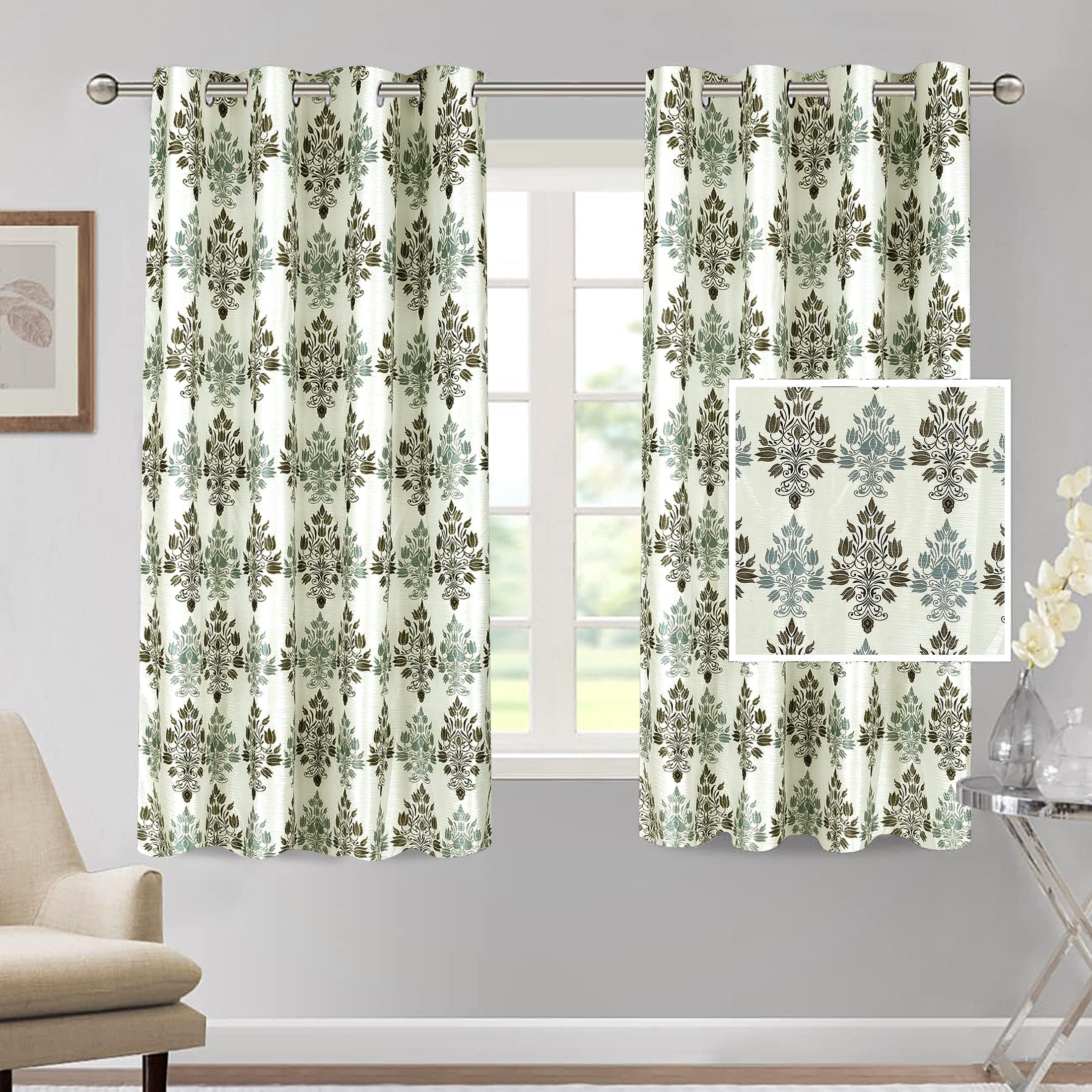 Cortina Polyester Blackout Curtains Set of 2, Floral Print, Grommet Eyelet, White, 5 FT