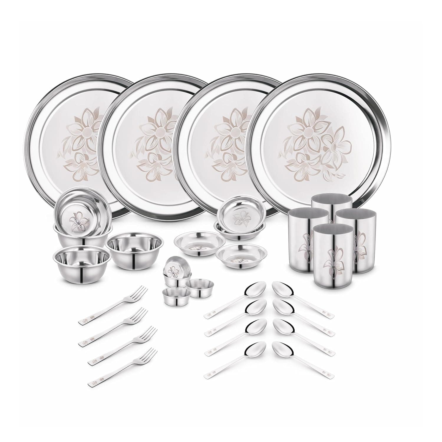 Classic Essentials Stainless Steel Dinner Set|Serves 4 People|Heavy Gauge|Kitchen Set|Permanent Laser-Glory, Set of 32 at ₹1048 – Amazon