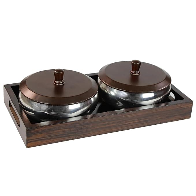 PEARLPET Hazel Stainless Steel 2 Bowls Set(500ml) with Wooden Serving Tray & 2 Wooden Finish Lids, Gift Set, Dryfruit Jar, Brown Color at ₹409 – Amazon