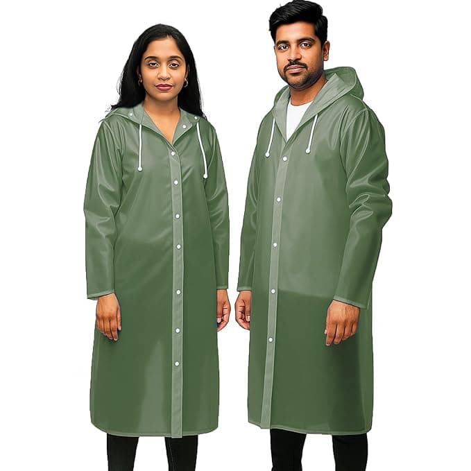 Pivalo EVA Rain Poncho for Men & Women-Lightweight Waterproof Raincoat with Hood Adjustable Drawstring & Button Closure Reusable Outdoor Rainwear for Men Women Boys & Girls(Universal Size,Olive Green) at ₹149 – Amazon