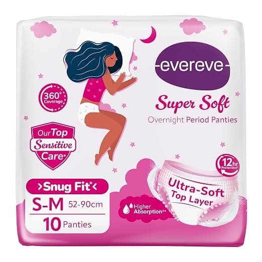 Evereve Super Soft Period Panty For Girls & Women, (S-M), 10 Pcs, 360 Degree Overnight Coverage, Ultra-Soft Top Layer, High Absorbency For Heavy Flow, Maternity Postpartum Disposable Panty at ₹189 – Amazon