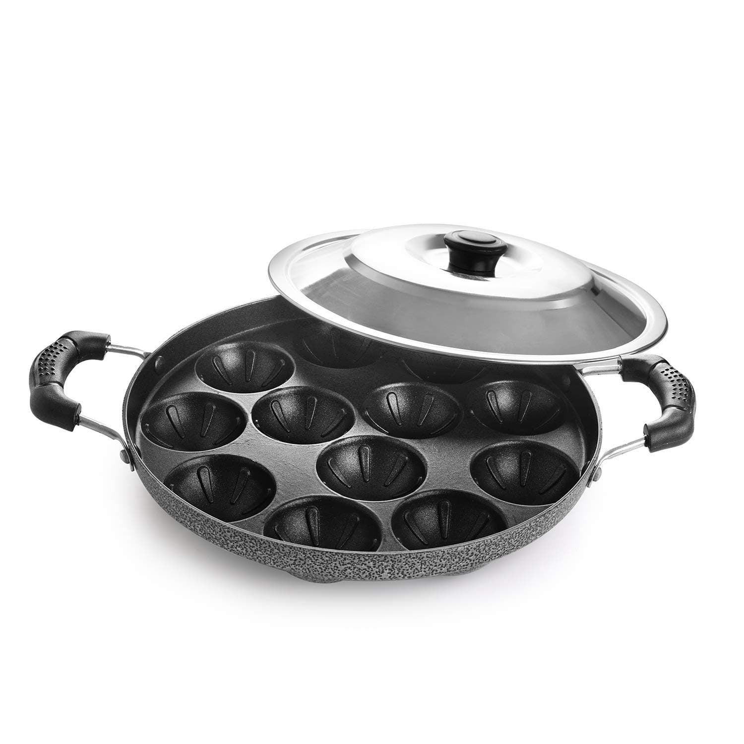 CELLO Aluminium Nonstick 12 Cavity Appam Patra Pan Maker with Steel Lid, Black | 2 Side Riveted Handle, Gas Stove Compatible Die-Cast Mini U at ₹509 – Amazon