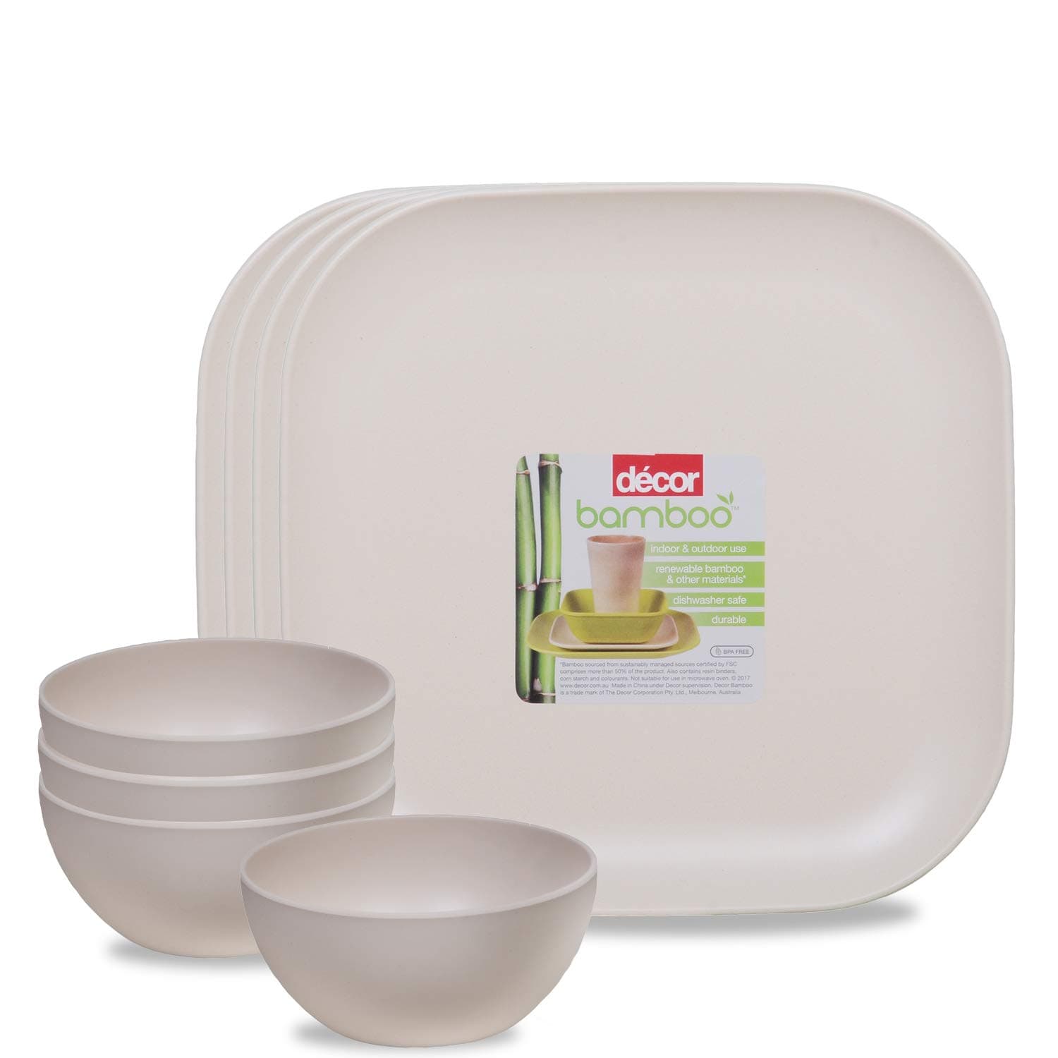 Decor EcoLite Bamboo Non Toxic Eco-Friendly Reusable 4 Small Plates and 4 Bowls Dinner Set for Couples (Natural White) - 8 Pieces at ₹229 – Amazon