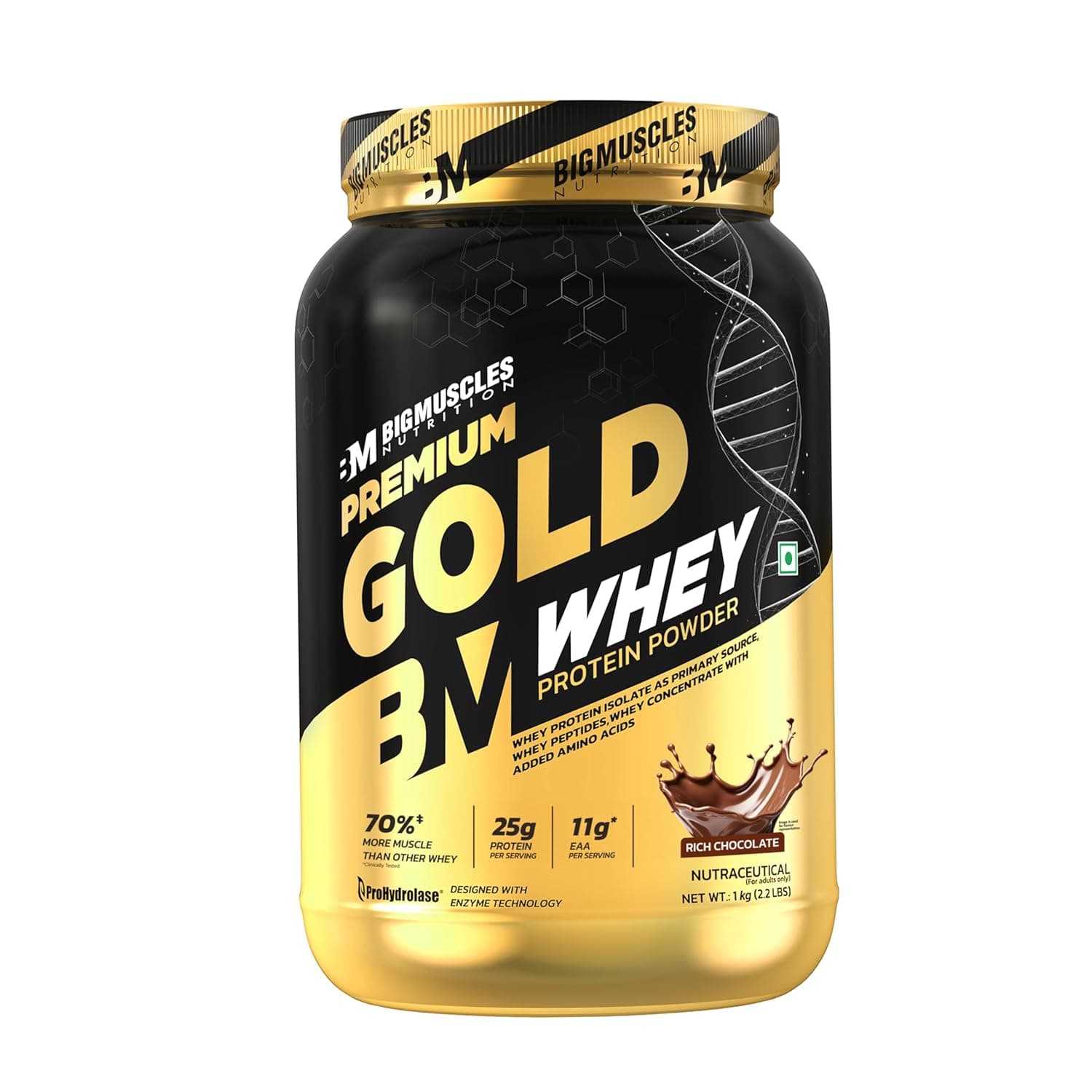 Bigmuscles Nutrition Premium Gold Whey [1Kg] | Informed Choice UK Certified | Isolate Whey Protein Blend | 25g Protein | 11g EAA | ProHydrolase Enzyme Technology [Rich Chocolate] at ₹1691 (42% Off) – Amazon