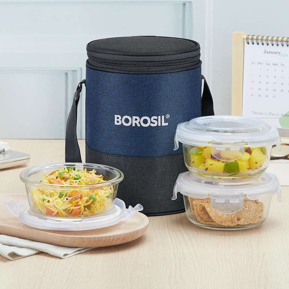 Borosil Elite Lunchbox | 400ml x 3 Round Container Set | Made in India Borosilicate Glass | Microwave & Dishwasher Safe | Tiffin for Office, at ₹849 – Amazon