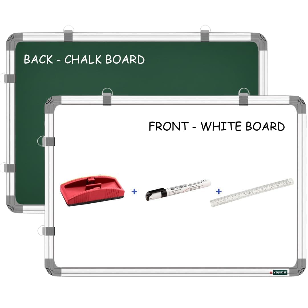 YAJNAS 2x3 Feet Non Magnetic Double Sided White Board and Chalk Board, One Side White Marker and Reverse Side Green Chalk Board Surface - Pack of 4 Items (One 2x3 feet Board + 3 Items) at ₹800 (80% Off) – Amazon