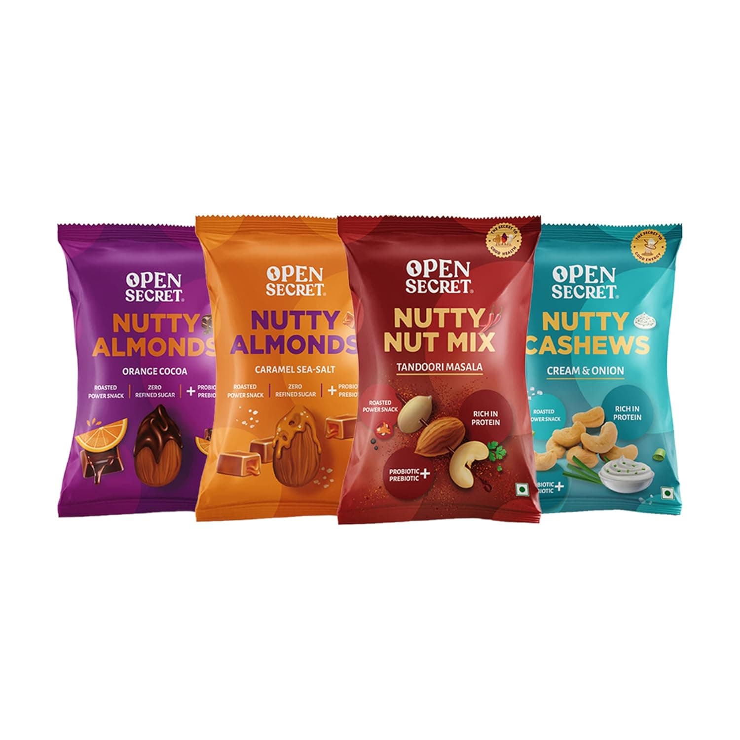 Open Secret Mini Nuts| Pack of 4 (23g each)|Snacks Gift hamper |Caramel Sea Salt & Orange Cocoa Almonds, Cream & Onion Cashew, Tandoori Nuts at ₹99 – Amazon