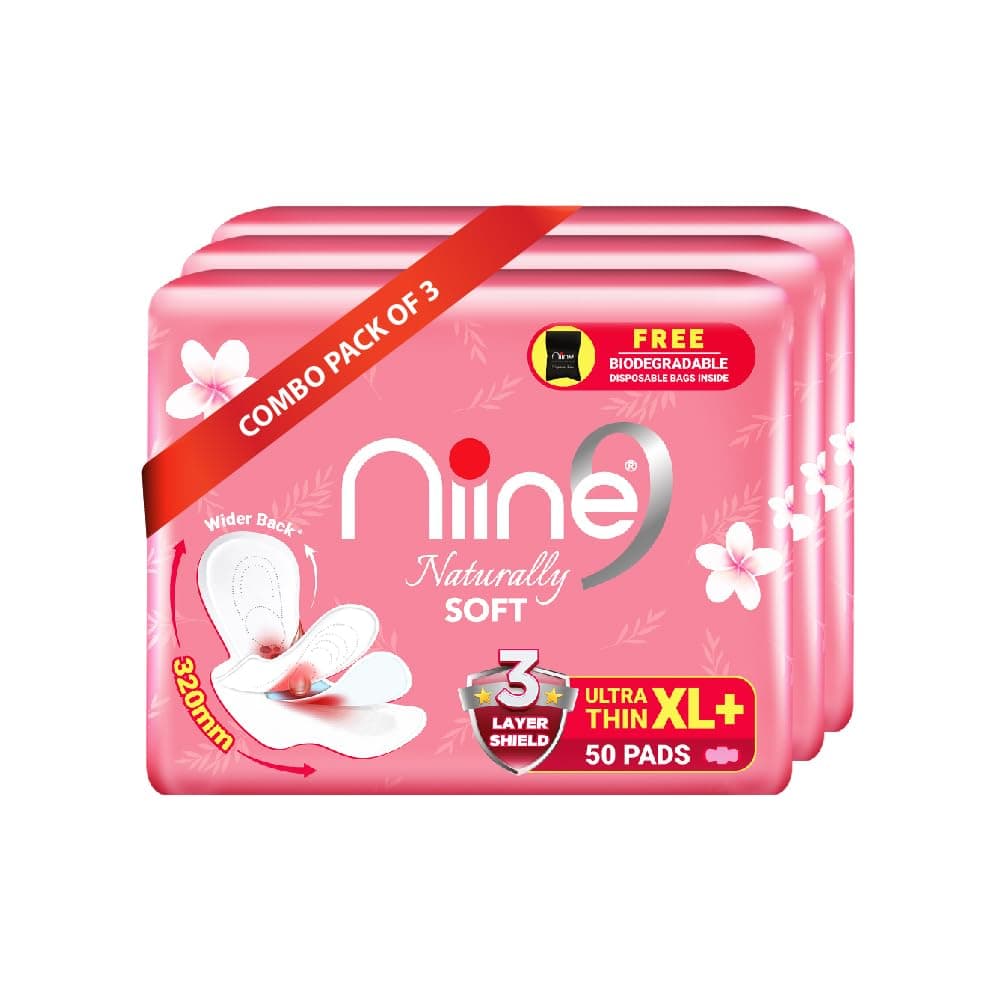 NIINE Naturally Soft Ultra Thin XL+ Sanitary Napkins for Heavy Flow (Pack of 3) 150 Pads with Free Biodegradable Disposal Bags at ₹838 – Amazon
