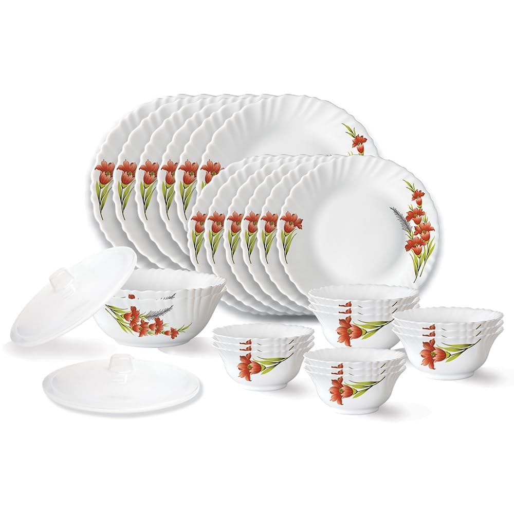 Larah by Borosil Red Iris Fluted Series Opalware Dinner Set | 28 Pieces for Family of 6 | Microwave & Dishwasher Safe | Bone-Ash Free | Croc at ₹1688 – Amazon