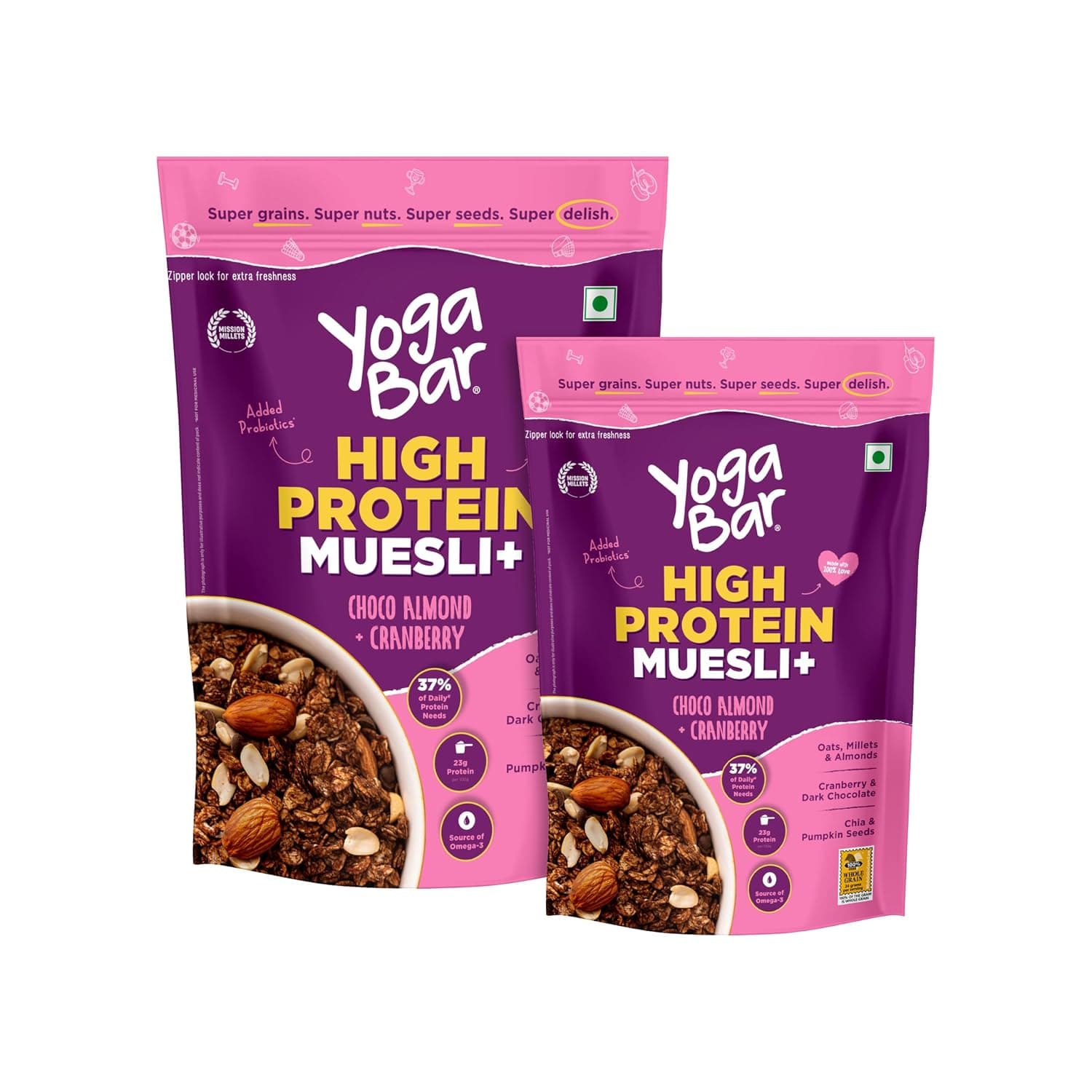 Yogabar High Protein Muesli Combo | 23g Protein per 100g | With Probiotics and| Easy on gut | Choco almond + Cranberry | High Fiber Food at ₹469 – Amazon
