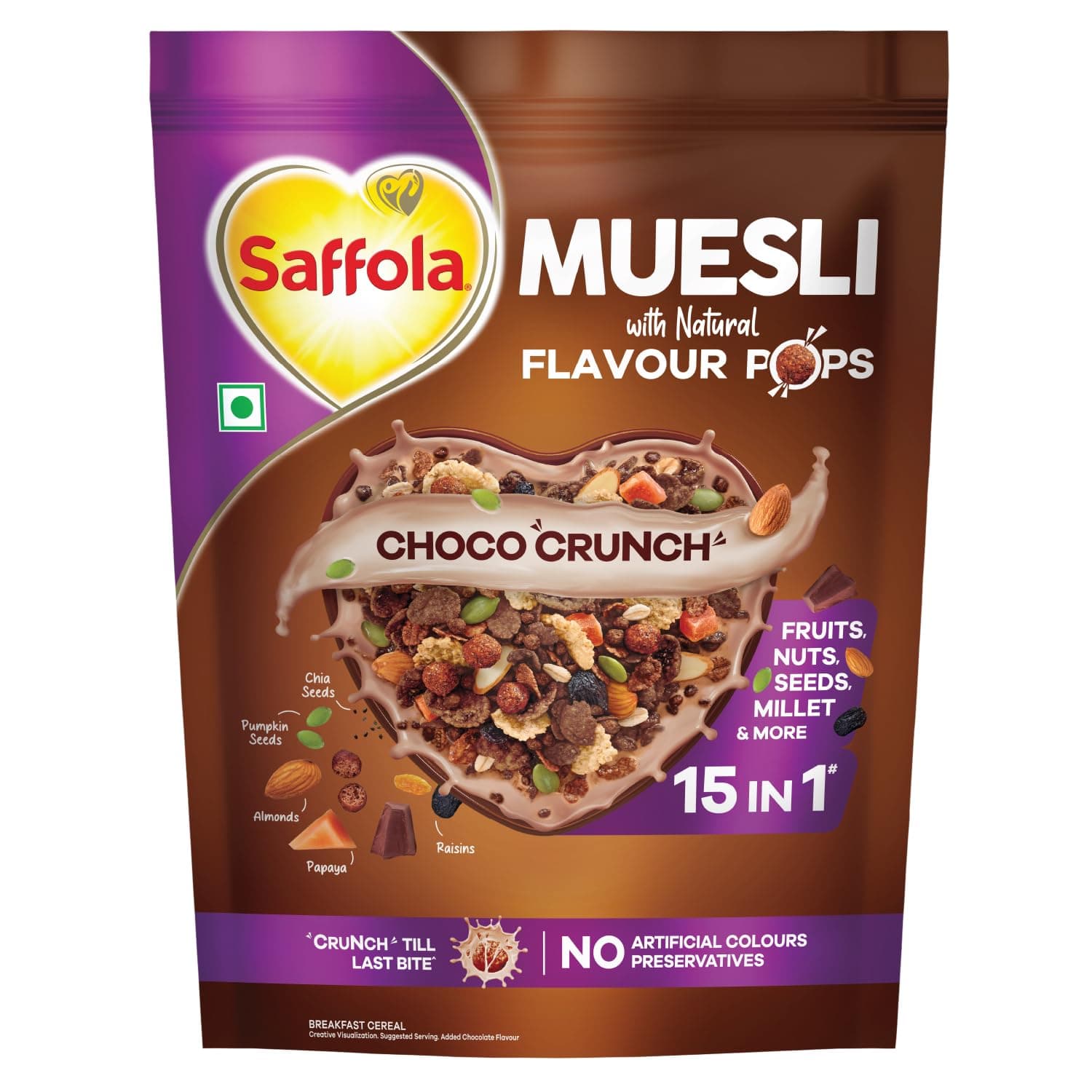 Saffola Muesli Choco Crunch with Flavour Pops, 400 gm/450 gm | 15 in 1 Fruit and Nuts, Seeds, Millet & more | Cereals for breakfast with who at ₹198 – Amazon
