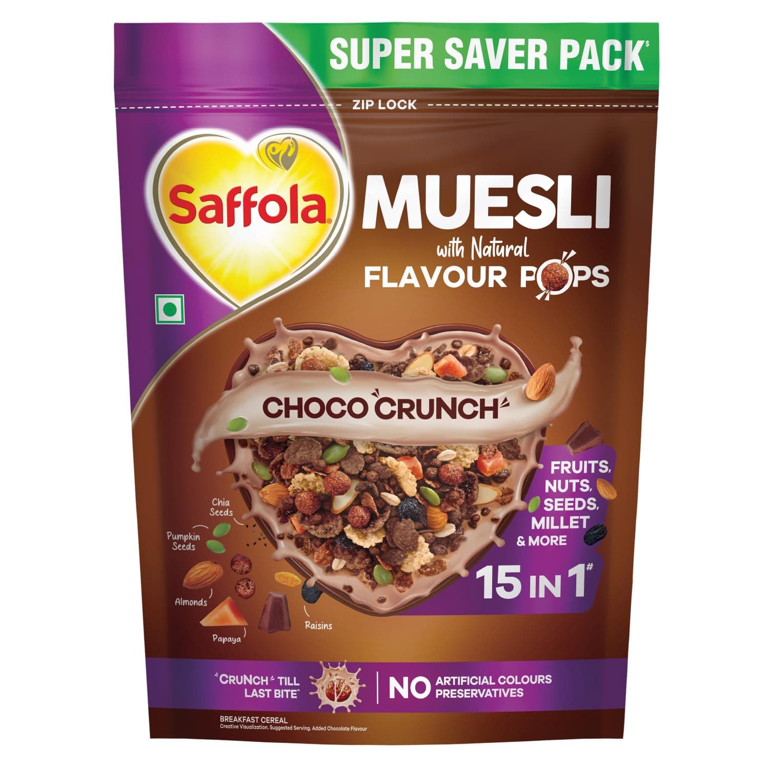 Saffola Muesli Choco Crunch with Flavour Pops, 700 gm | 15 in 1 Fruit and Nuts, Seeds, Millet & more | Cereals for breakfast rich in wholegr at ₹301 – Amazon
