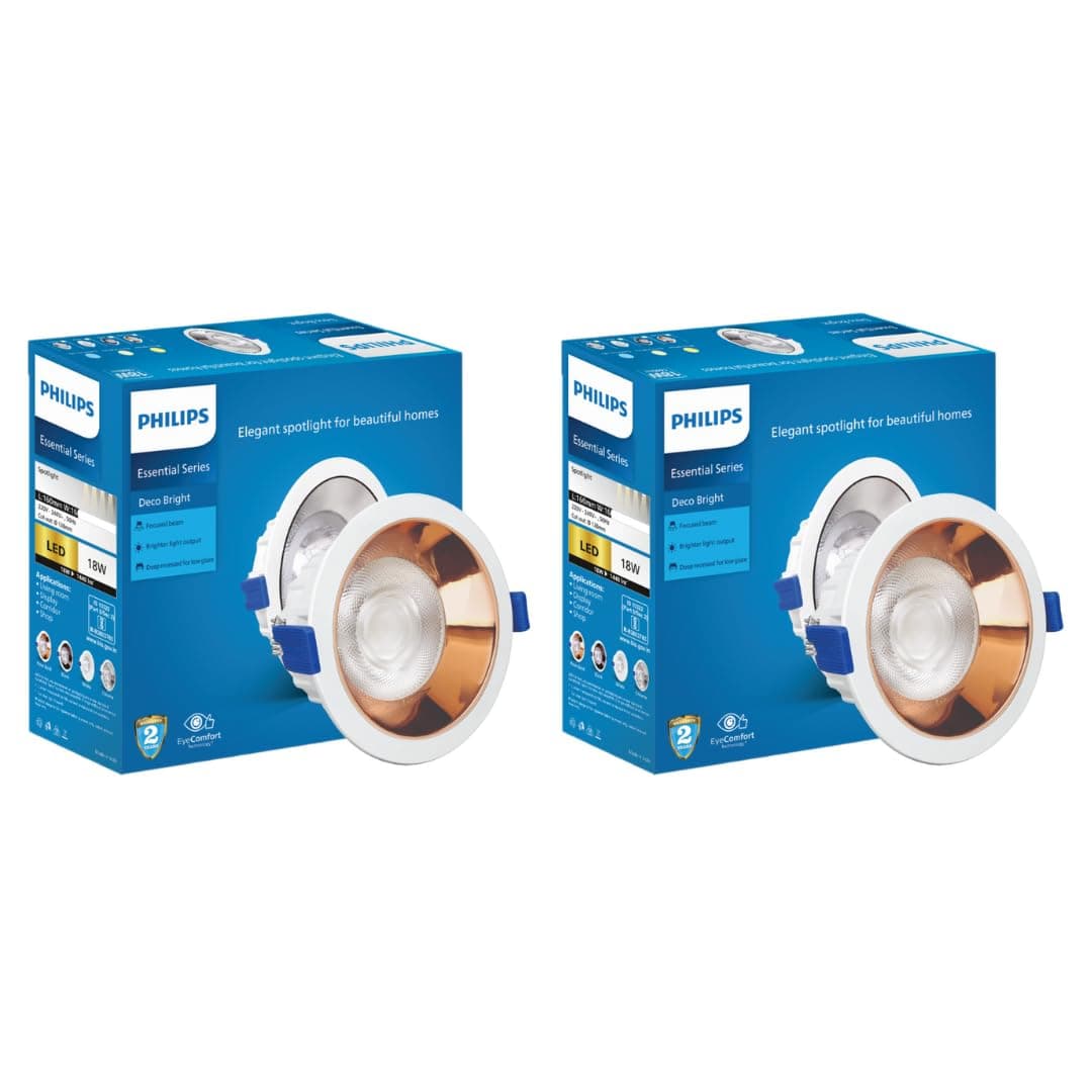 PHILIPS 18 Watt Rose Gold Reflector LED Ceiling COB Round Spot Light with Focused Beam | Cut Out: 138mm | Cool Day Light, Pack of 2 (Deco Br at ₹1410 – Amazon
