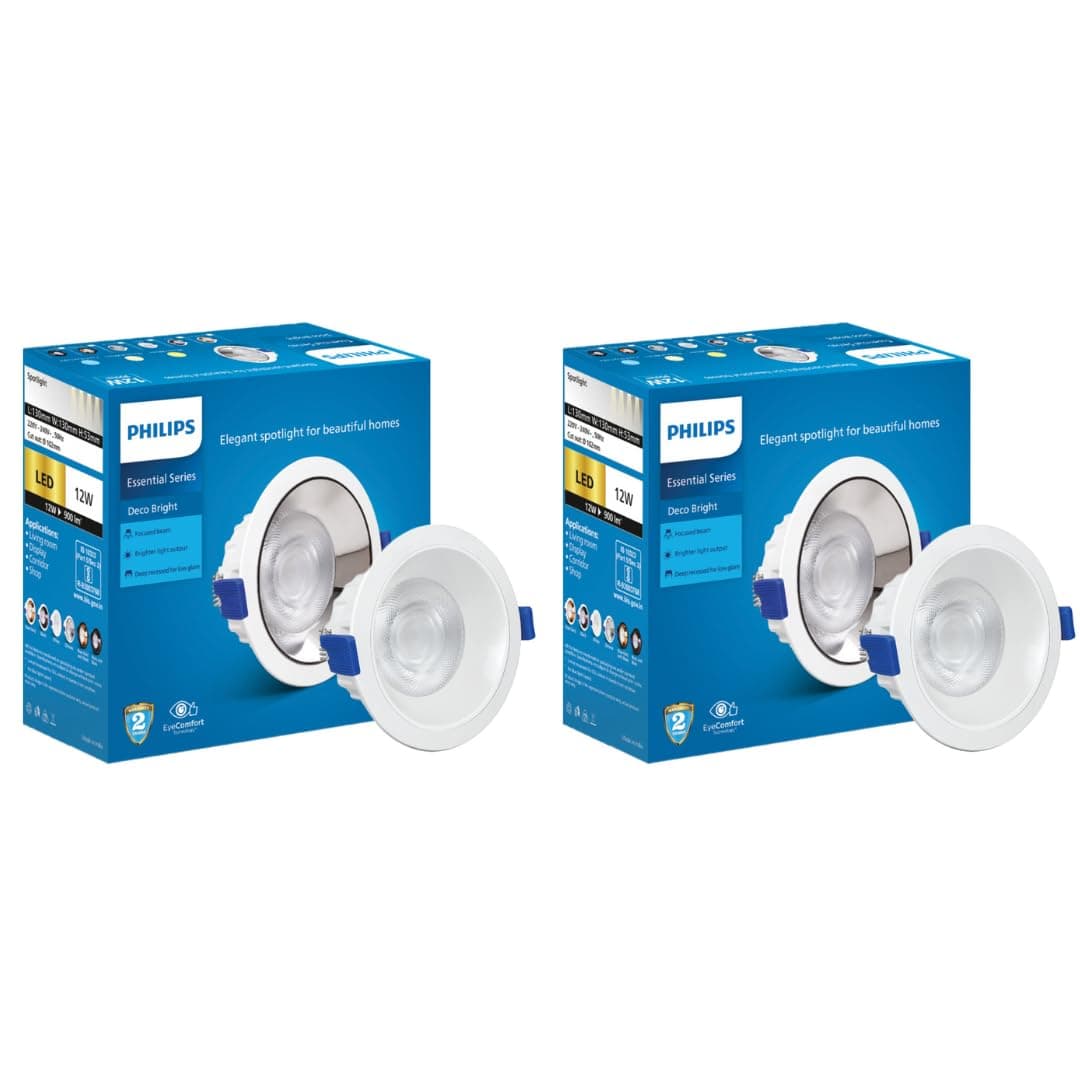 PHILIPS Polycarbonate 12 Watt White Reflector Led Ceiling Cob Round Spot Light with Focused Beam|Cut Out: 102Mm|Cool Day Light,Pack of 2 (De at ₹673 – Amazon