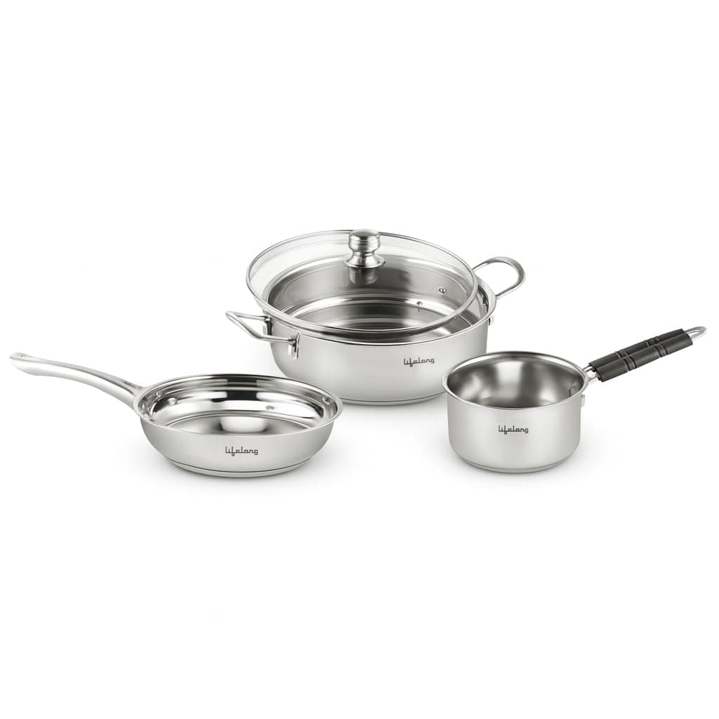 Lifelong 4 piece Stainless Steel cookware Set | 22 cm Kadai at ₹1199 – Amazon