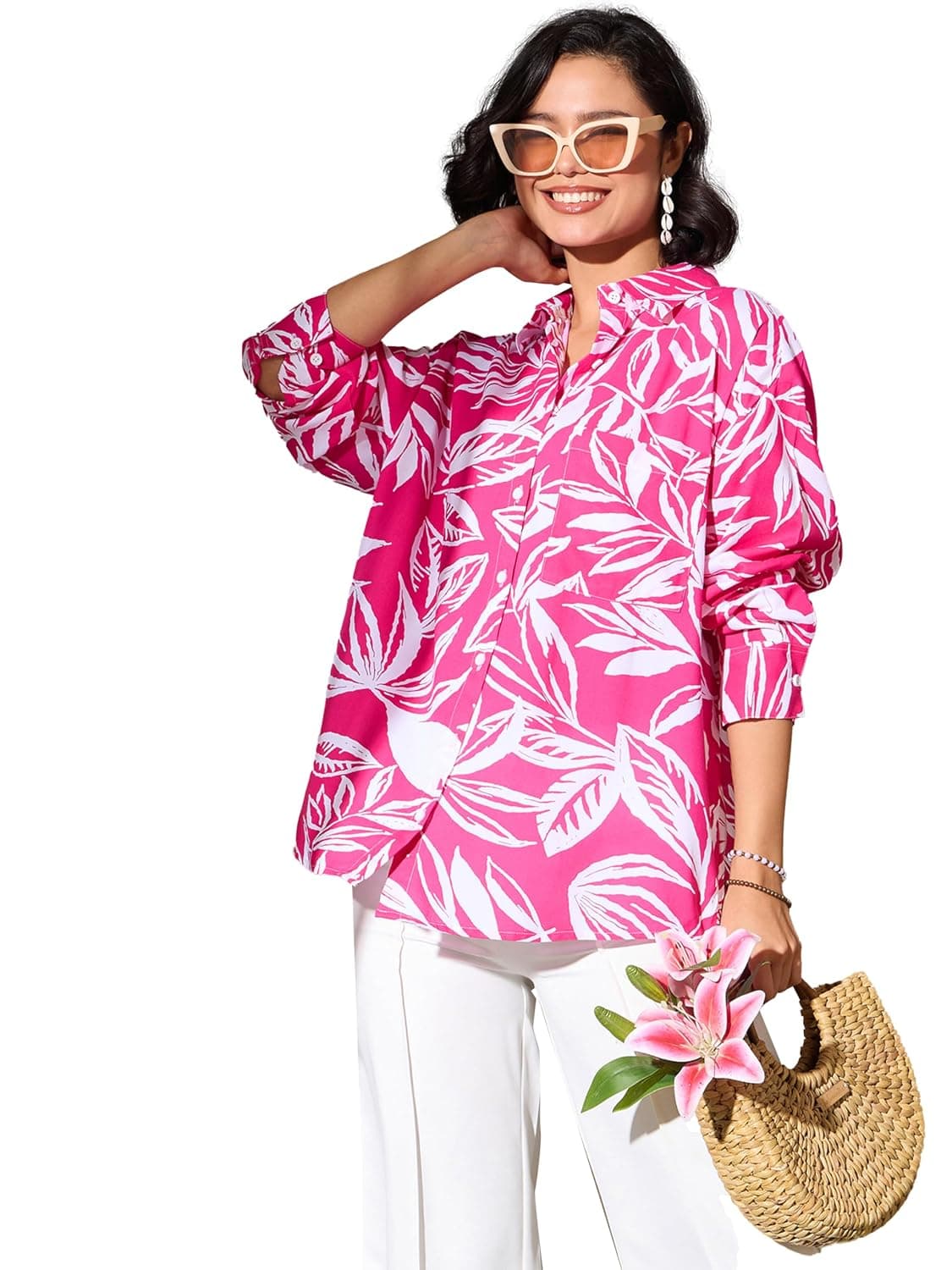 barcino Fuchsia Tropical Floral Oversized Shirt at ₹177 – Amazon