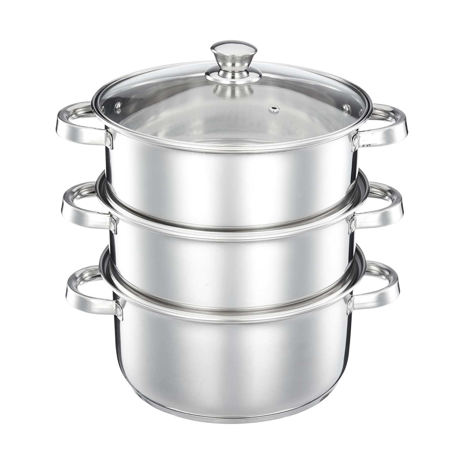 Amazon Brand – Solimo Stainless Steel 3-Tier Steamer with Glass Lid | 24 cm | Induction Bottom | For Modak, Momos & More | Multi-Layer Cooki at ₹1489 – Amazon