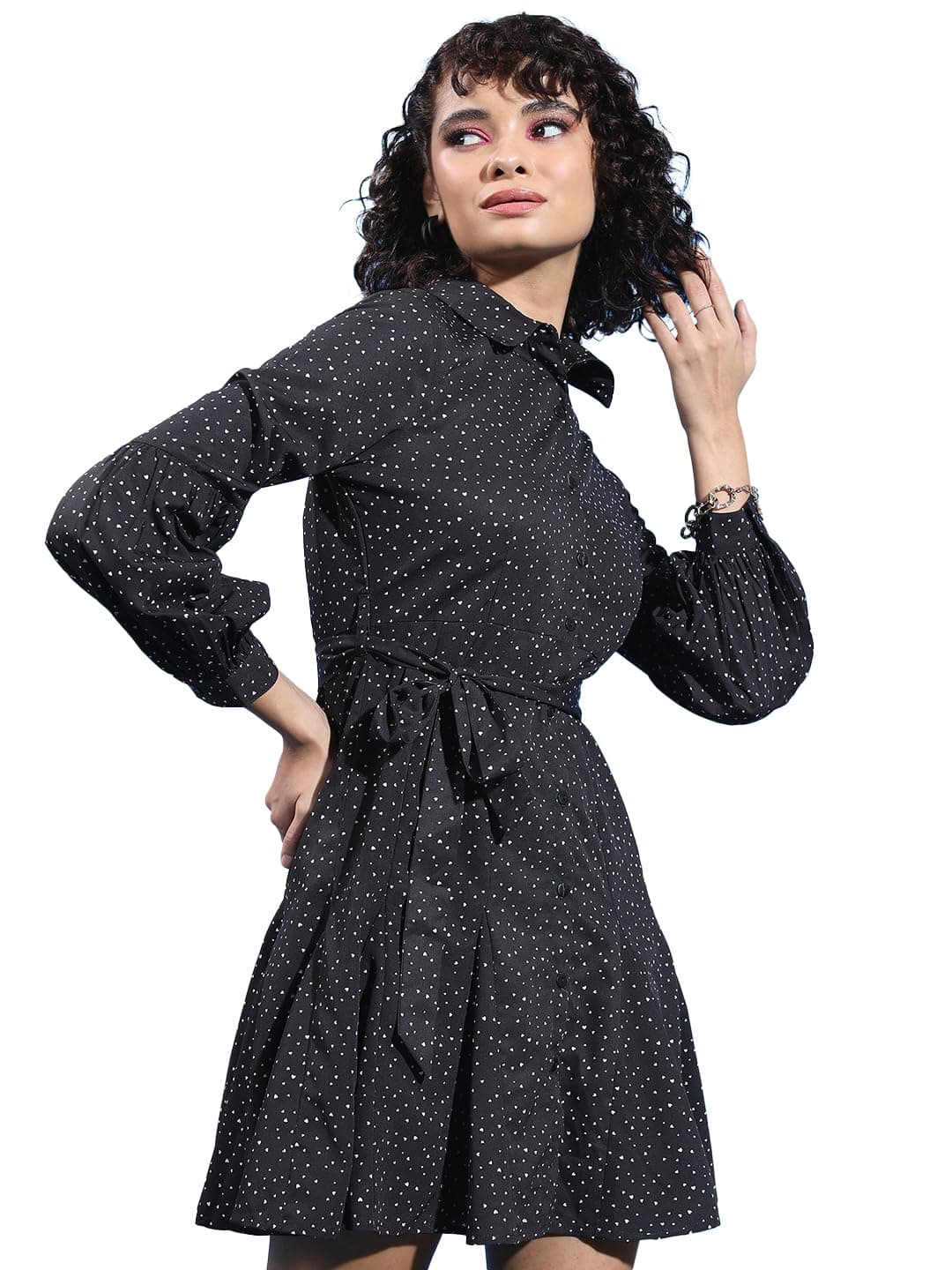 Tokyo Talkies Black & White Polka Dot Printed Cuffed Sleeves Shirt Dress at ₹264 – Amazon