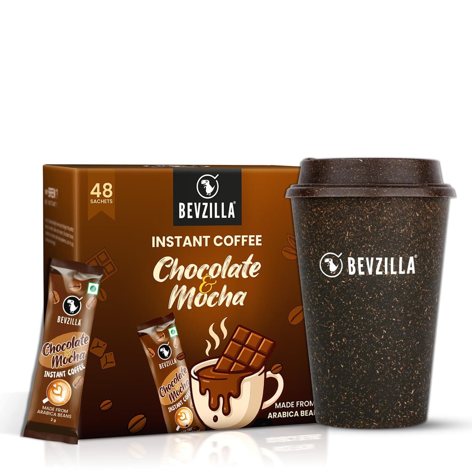 Bevzilla 48 Chocolate & Mocha Instant Coffee Sachets with Eco-Friendly Bio-Composite Tumbler | Bamboo Fiber, Coffee Husk & Rice Husk | Plast at ₹249 – Amazon