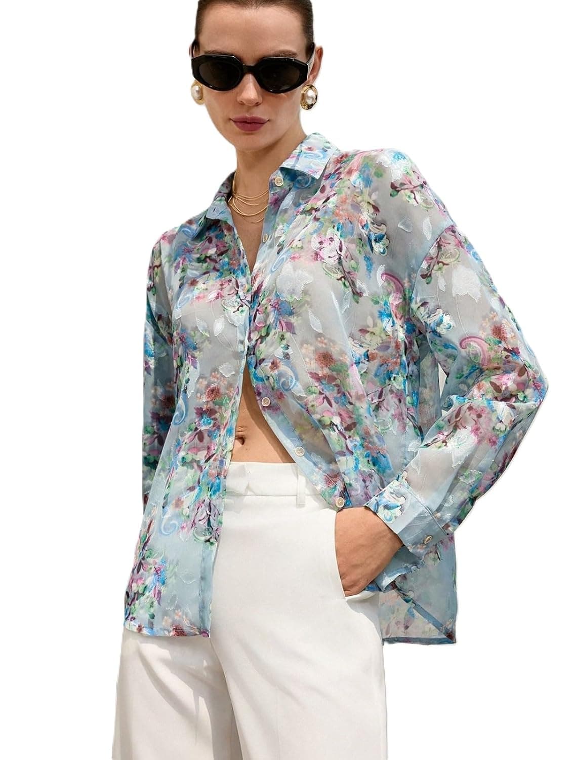 Women Shirt Women Top Floral Print Polo Collar Shirt, Casual Long Sleeve (S-26-28) at ₹361 – Amazon