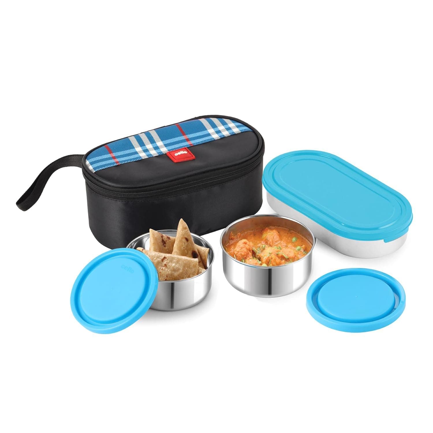 CELLO MF Trent Plus Lunch Box with Bag for Office, Blue | 300ml x 2 Steel Containers, 500ml Oval Plastic Containers, Leak Proof Airtight Snap Lock Lid Tiffin Box Set for School Kids, College & Travel at ₹348 (56% Off) - Amazon