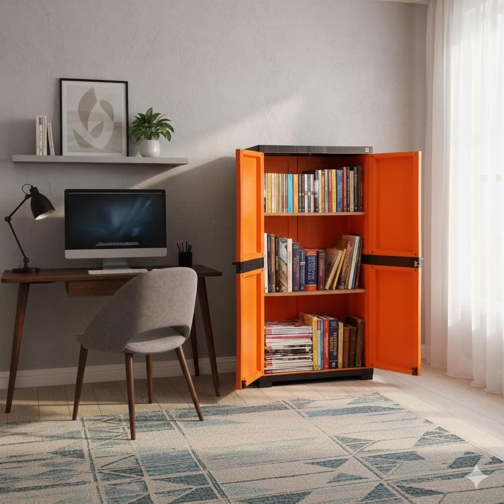 Cello Novelty Big Bookshelf, Orange & Brown | 2 Dustproof Doors | Space Saving Cupboard | Plastic Book Shelf | Multipurpose Book Shelf for H at ₹3395 – Amazon