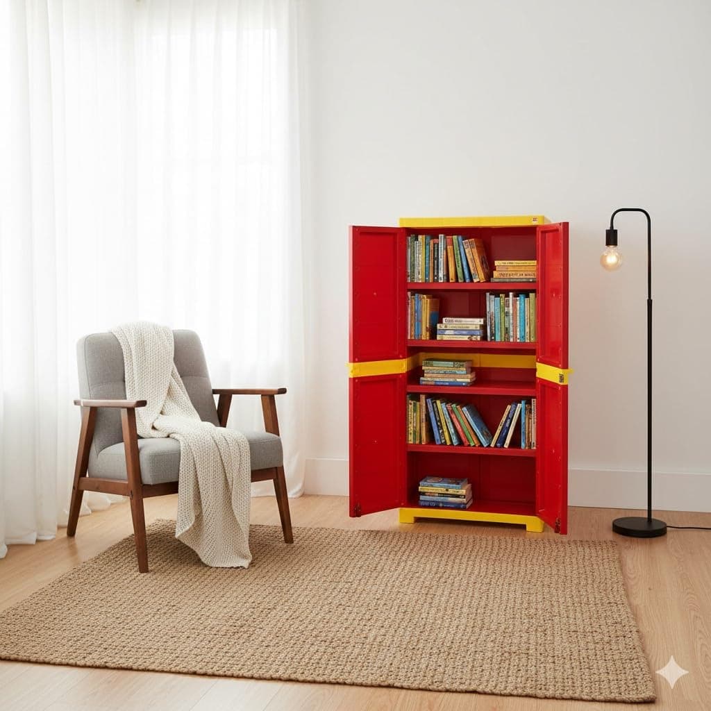 Cello Novelty Big Bookshelf, Red & Yellow | 2 Dustproof Doors | Space Saving Cupboard | Plastic Book Shelf | Multipurpose Book Shelf for Hom at ₹4154 – Amazon