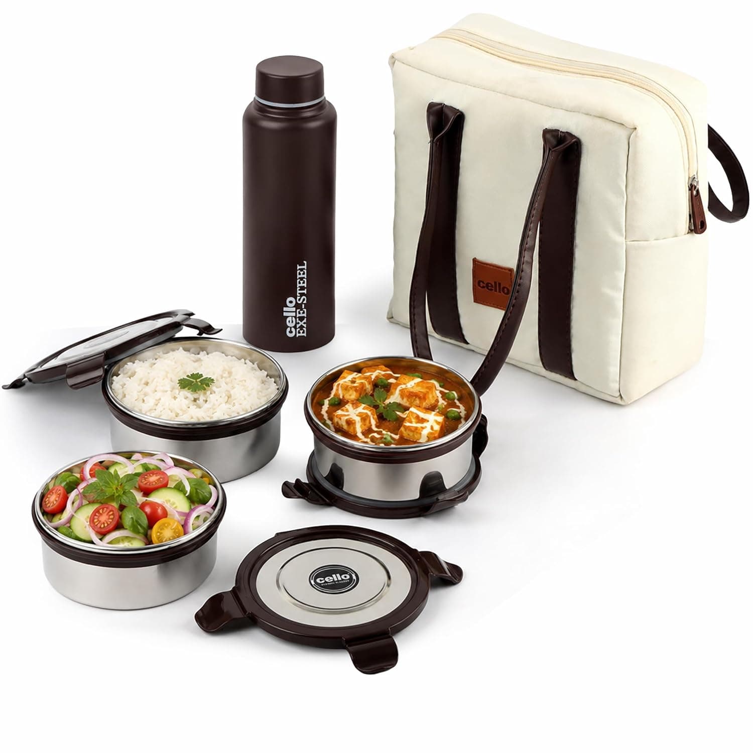 CELLO Urban Bite Lunch Box with Bag for Office Use, White Brown | 3 x 400ml Stainless Steel Containers, 800ml Water Bottle with Fork & Spoon at ₹999 – Amazon