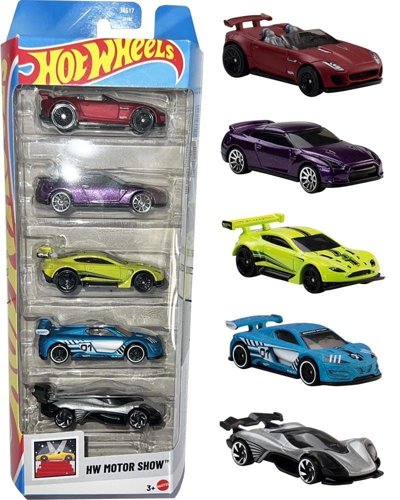 Hot Wheels Car 2026 Motor Show Pack of 5 (15 Jaguar F-Type Project 7, 2009 Nissan GT-R, Aston Martin Vantage GT3, Celero GT, Renault Sport R at ₹999 – Amazon