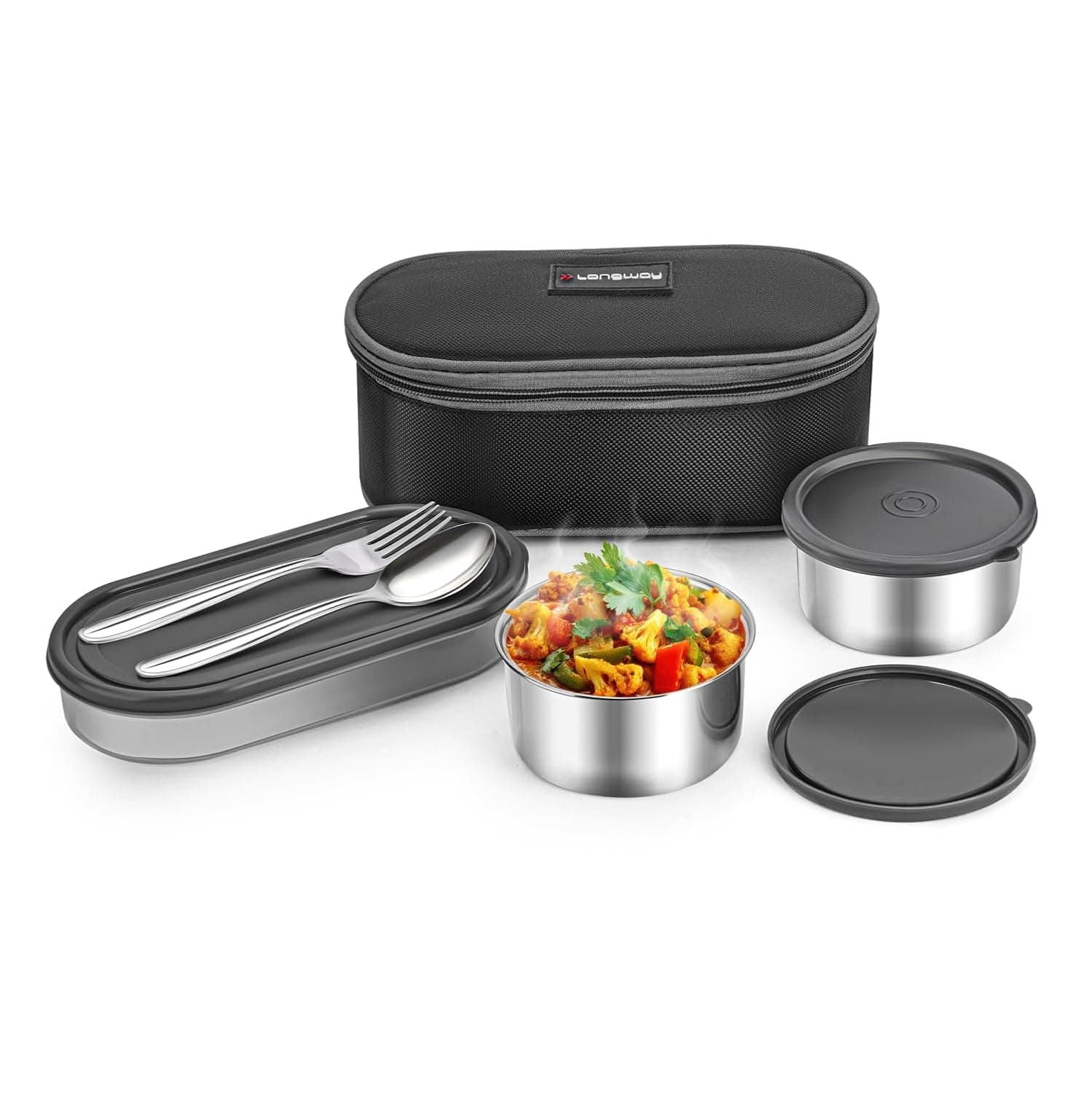 LONGWAY Craveo Stainless Steel Lunch Box with 3 Containers | 2 Round 300ml Each & 1 Oval 500ml | Airtight & Leak Proof with Spoon | Food-Gra at ₹399 – Amazon