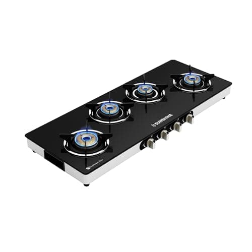 Sunshine Olympic Gas Stove | 4 Burner Glass Gas Stove | Glass Cooktop | ISI Certified | Manual Ignition | LPG Ready & PNG Compatible (Black) at βΉ7,349 (52% Off) β Amazon