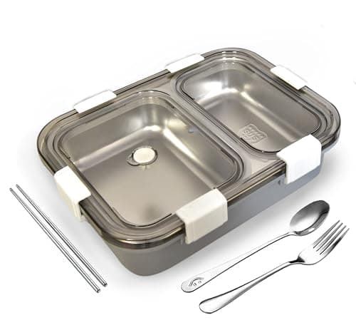 PRIME DEALS Lunch Box Sealed Leakage Proof Stainless Steel Lunch Box with Fork Chopstick&Spoon Lid Office Food Container for School Kids and Adults 750ml (Grey, 2 Compartment) at ₹384 (74% Off) – Amazon
