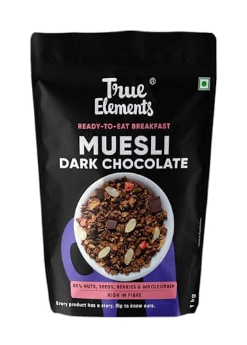 True Elements Dark Chocolate Muesli 1kg | Nuts & Berries Muesli | 13g Clean Protein | 13% Millet | Cereal for Breakfast | Gluten Free Breakfast at ₹399 (35% Off) – Amazon