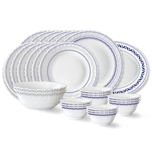 Larah by Borosil Jazzblue Fluted Series Opalware Dinner Set | 27 Pieces for Family of 6 | Microwave & Dishwasher Safe | Bone-Ash Free | Crockery Set for Dining & Gifting | Plates & Bowls | White at ₹1432 (65% Off) – Amazon