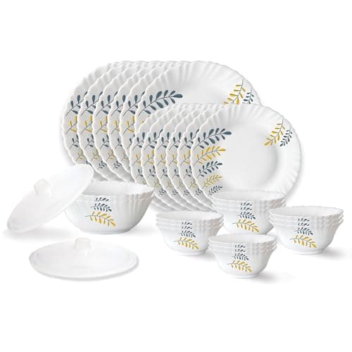 Larah by Borosil Niva Fluted Series Opalware Dinner Set | 28 Pieces for Family of 6 | Microwave & Dishwasher Safe | Bone-Ash Free | Crockery Set for Dining & Gifting | Plates & Bowls | White at ₹1436 (62% Off) – Amazon
