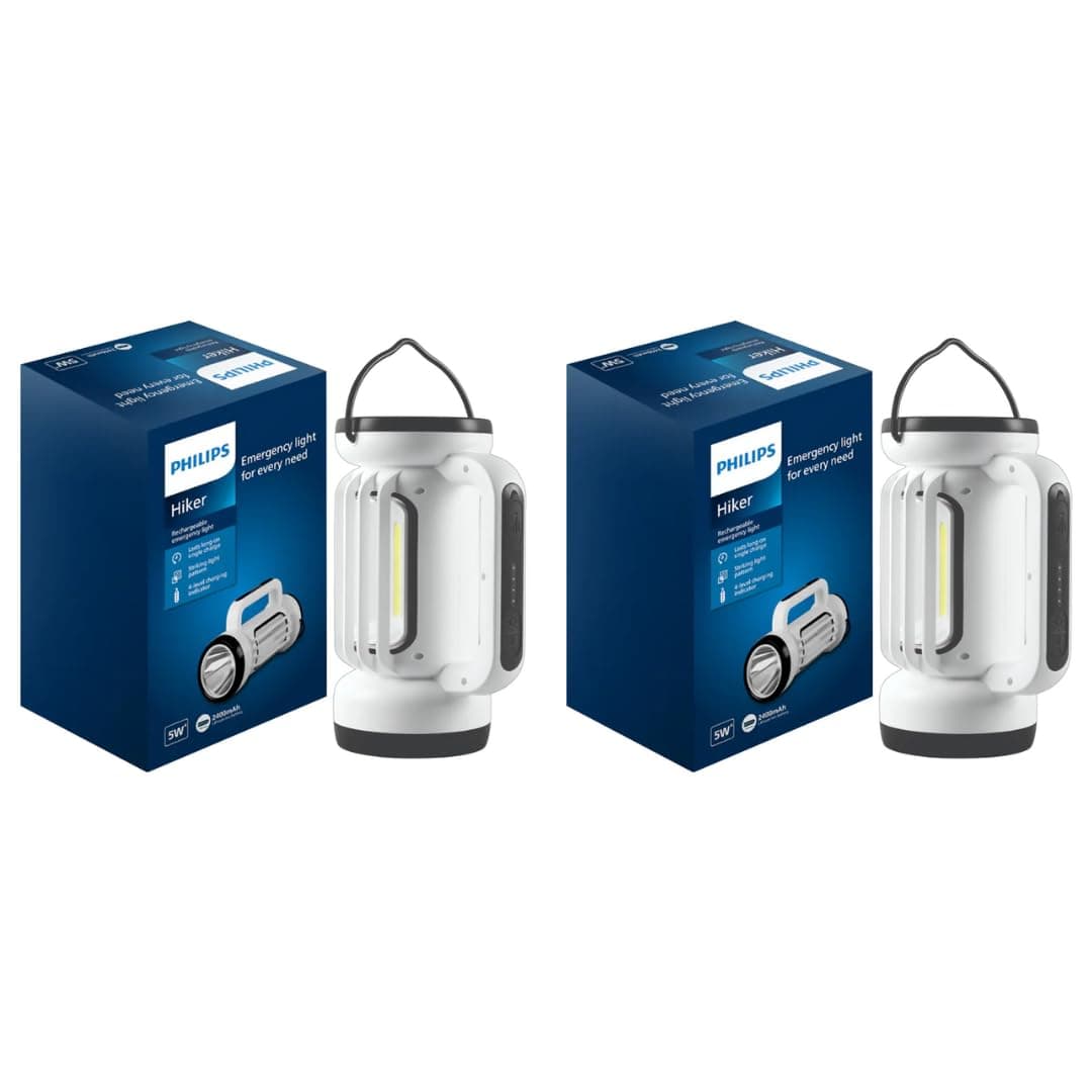PHILIPS Hiker 5W Rechargeable Emergency Light | Long Lasting with 2400 mAh Battery and 6 Hours Backup | 3 Main Modes, 2 Side Modes and Stepless Dimming Feature | Cool White, Pack of 2 Rs. 1999 - Amazon at ₹1999 (68% Off) – Amazon