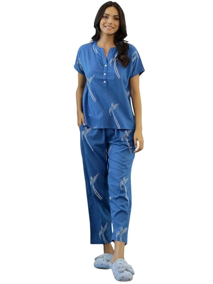 Women Cotton Printed Night Suit (Shirt + Pajama) at ₹599 (76% Off) – Amazon