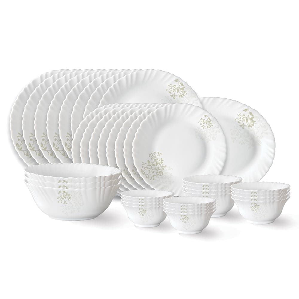 Larah by Borosil Ingot Fluted Opalware Dinner Set, 36 Pieces for Family of 8, Microwave and Dishwasher Safe