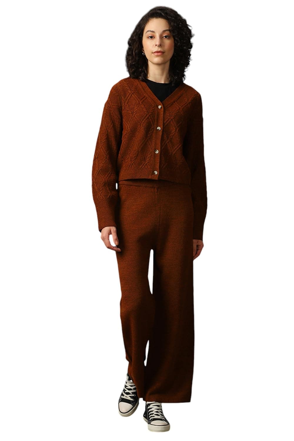 High Star Women Acrylic Knitted V-Neck Full Sleeve Co-Ord Set