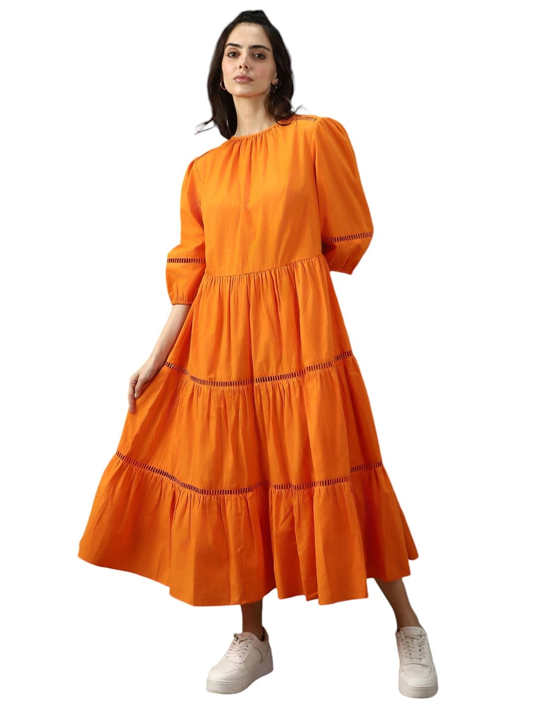 High Star Women Solid Cotton Flared Round Neck Short Sleeve Dress