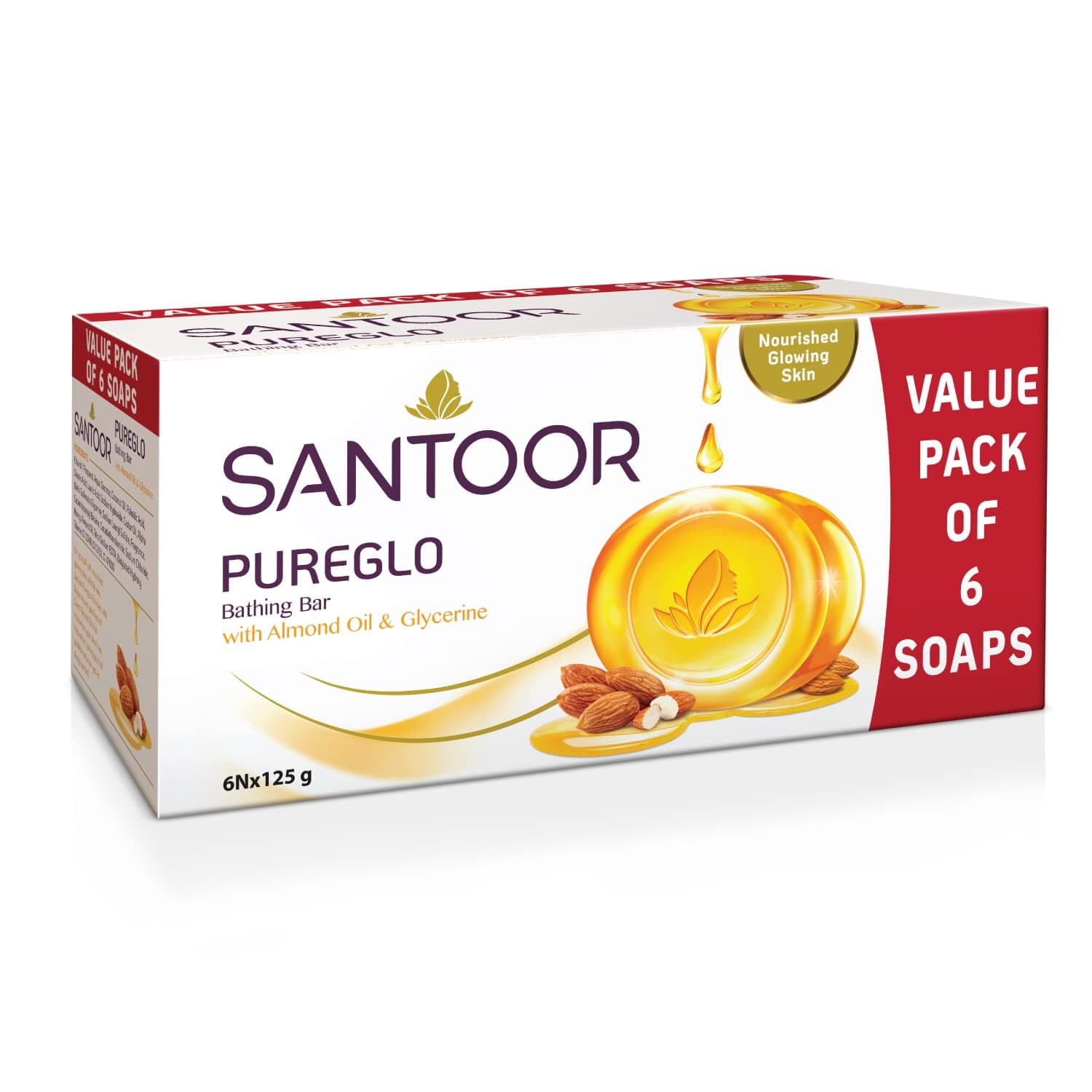 Santoor PureGlo Glycerine Soap with Almond Oil and Glycerine, 125g (Pack of 6) for Nourished Glowing Skin at ₹235 (56% Off) – Amazon