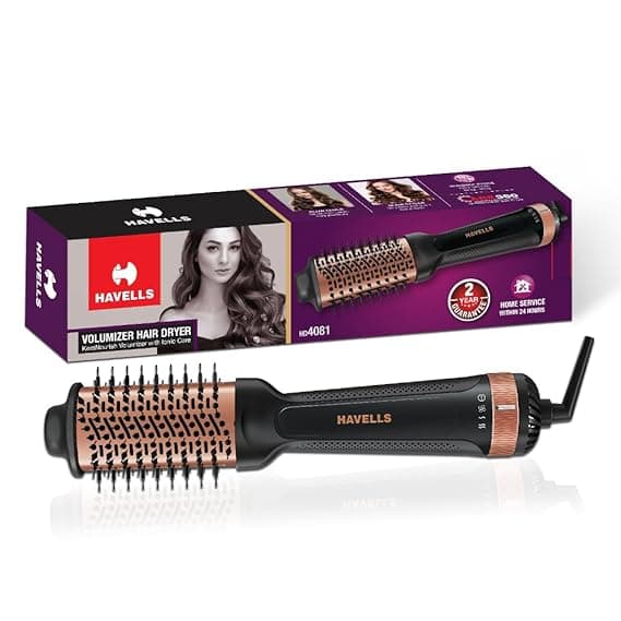 Havells HD4081 Professional Volumizer Hair Dryer, KeraNourish Ceramic Coating Brush Head, 1200 Watts, Ionic Care, Nylon Bristles,Cool Tip with Stand Support Rs. 1307 at ₹1307 (63% Off) – Amazon