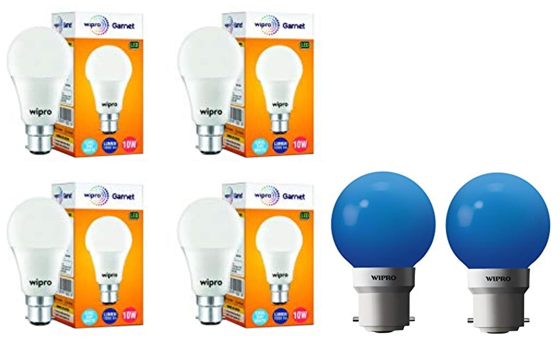 wipro Garnet B22D 10-Watt LED Bulb, Pack of 4, Cool White, with Safelite Night Lamp