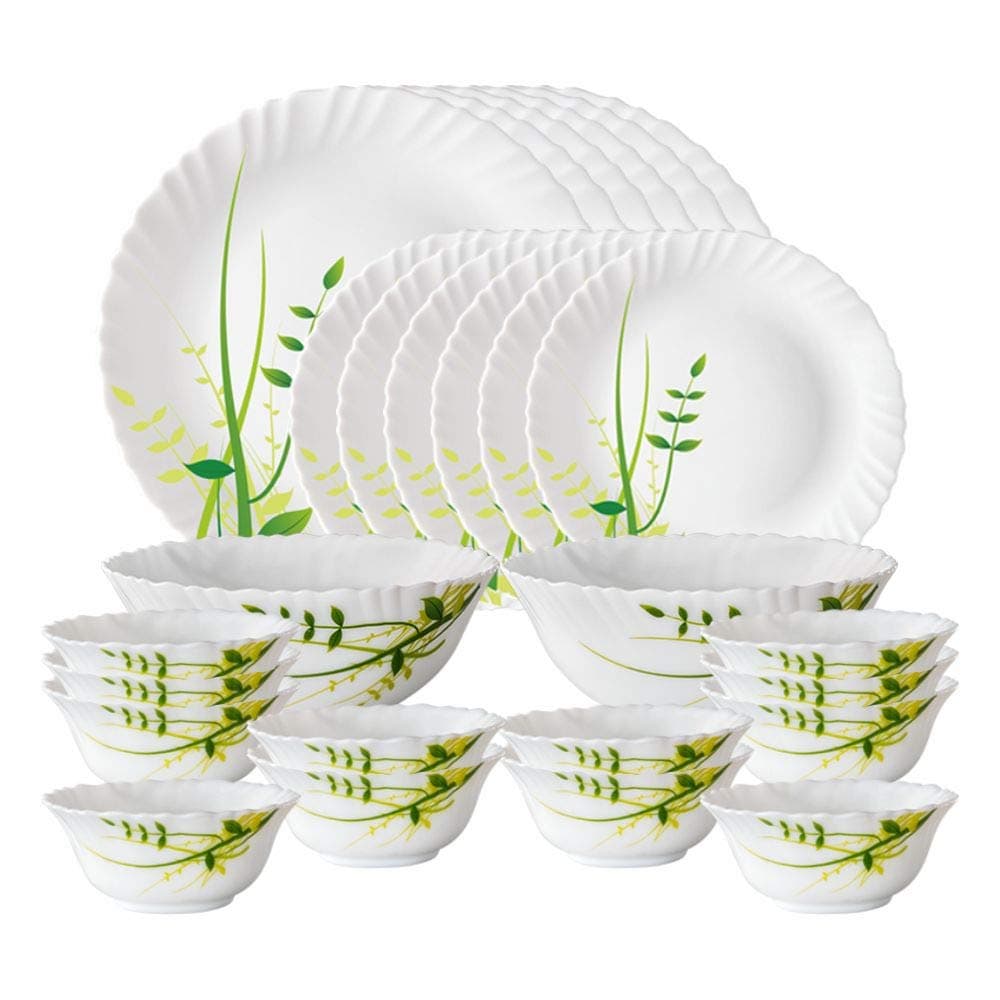 Larah by Borosil Green Herbs Opalware Dinner Set, 28 Pieces at ₹1493 (58% Off) – Amazon