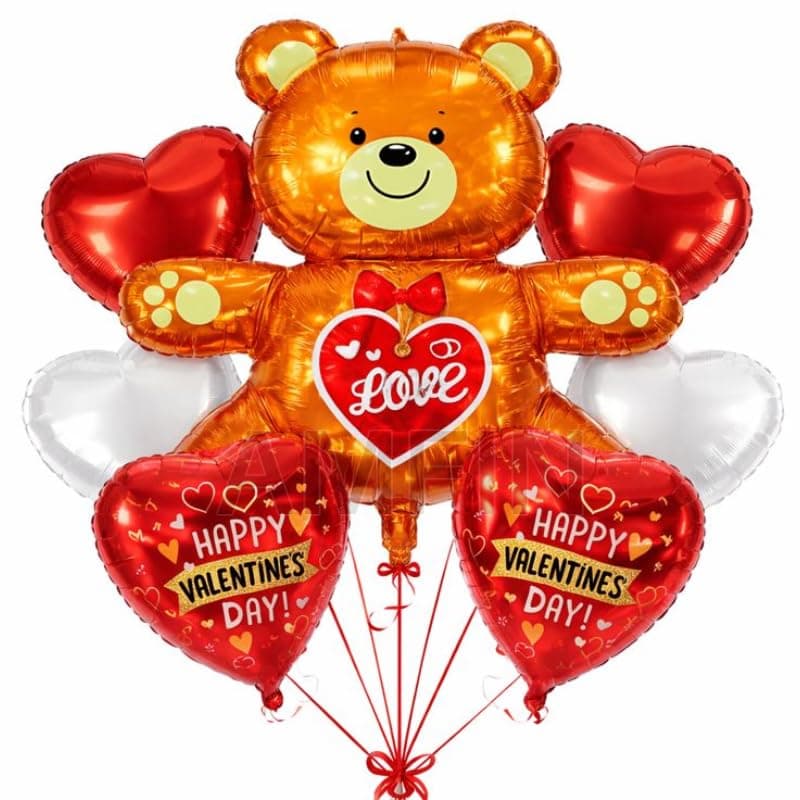 AMFIN (Pack of 7) Happy Valentine’s Day Foil Balloon Bouquet Teddy Heart Romantic Decoration Item - Red Gold at ₹102 (83% Off) – Amazon