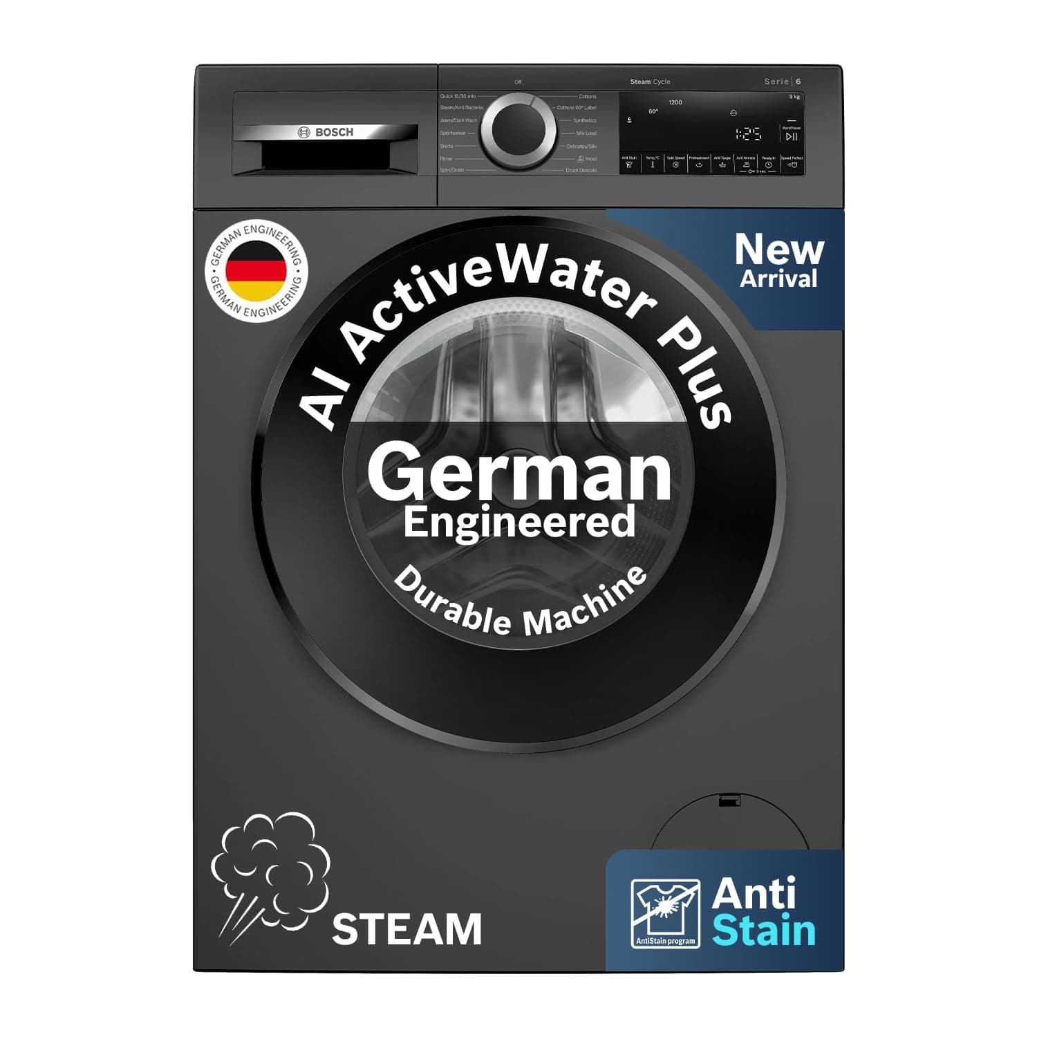 Bosch 9 kg 5 Star Front Load Fully-Automatic Washing Machine, AI ActiveWater, 14 Wash Programs, Removes 99.9% Germs with Steam, No Tangle or Wrinkle, SoftCare Paddle, Black Grey, WGA1420TIN at ₹31090 (48% Off) – Amazon