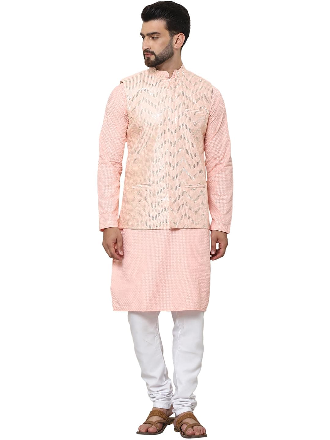 SOJANYA Men Cotton Linen Maroon Kurta & White Pyjama with Mustard Nehru Jacket