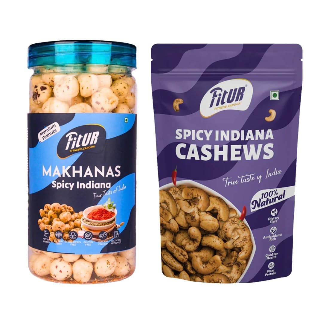 FitUR Combo Spicy Indiana Flavoured Cashews – Roasted & Roasted Spicy Indiana Makhana C... at ₹200 (80% Off) – Amazon