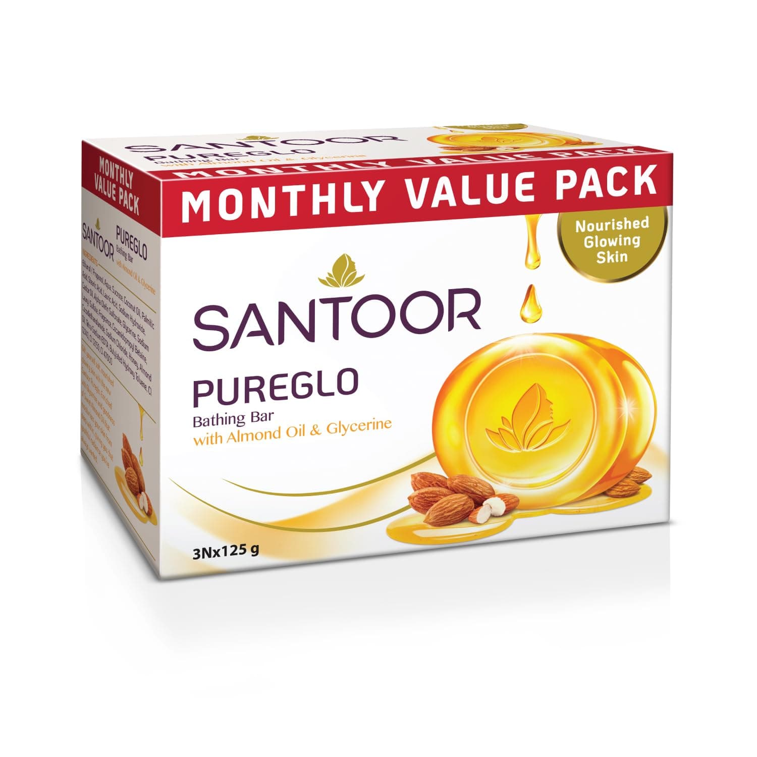 Santoor PureGlo Glycerine Soap with Almond Oil (Pack of 3)